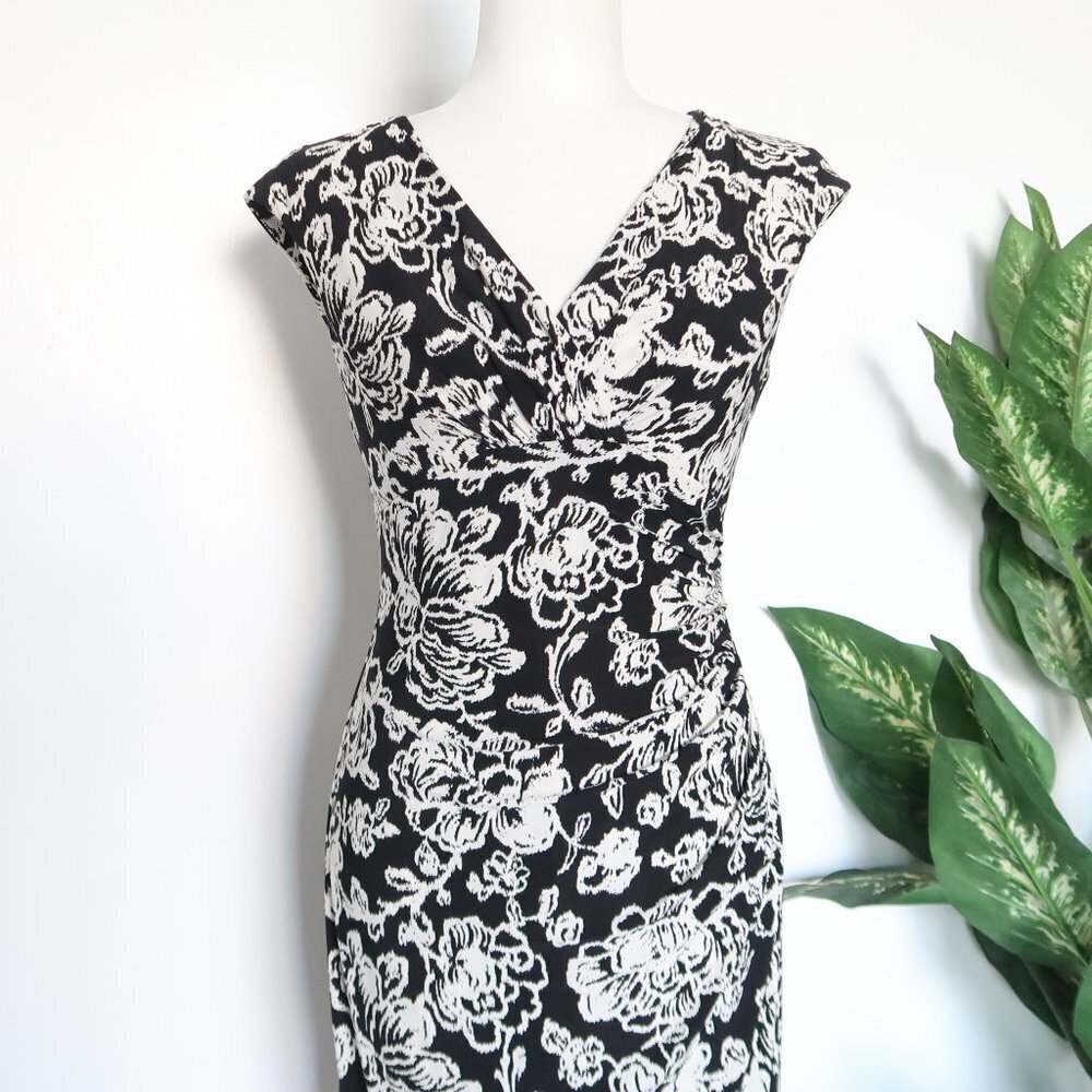 Ralph Lauren Black & White Faux Wrap V-neck Slim Fit Midi Sheath Dress Size 2 - Picture 7 of 10